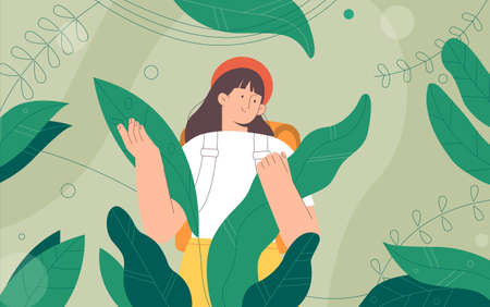 Explorers, travelers in the jungle large green leaves. Woman enjoy a picturesque landscape of plants. Concept of discovery, exploration, hiking, adventure tourism and travel.のイラスト素材