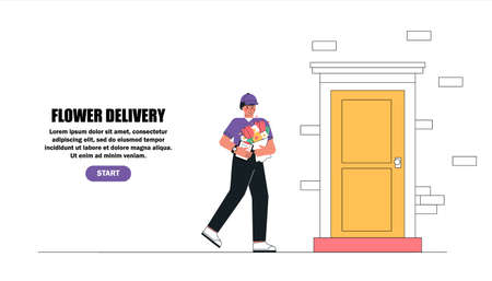 Courier or delivery man delivered the ordered bouquet of flowers home. Business concept of ordering flowers and gifts on the website or in the application online. Flat style vector illustration.のイラスト素材