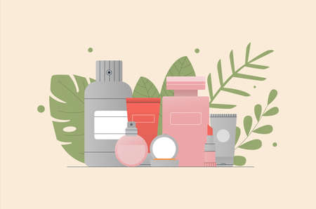 Care cosmetic standing on shelf. Perfume, tubes of lotion, oil, cream, scrub, serum. The concept of organic natural cosmetics. Flat style vector illustration, green leaves, plants, tropical leaves.のイラスト素材