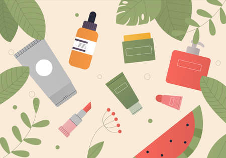 The concept of organic natural cosmetics composition. Tubes of lotion, oil, cream, scrub, serum in...