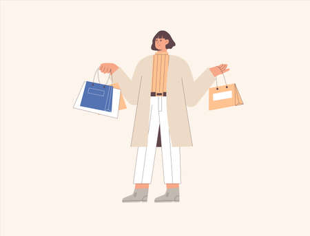 Happy Young woman with shopping bag, joyful shopaholic person. Cartoon vector illustrationのイラスト素材