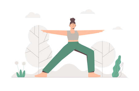 Young girl doing yoga in a park on nature background. Flat style vector illustration.のイラスト素材