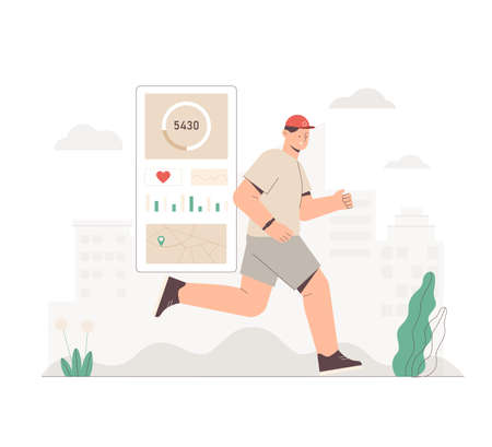 Man with fitness band or tracker running in the town park on city background. Flat style vector illustration. oncept of sports lifestyle and technology.のイラスト素材