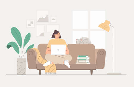 Home office concept, young freelancer woman working with laptop on sofa in cozy room - lamp, green flower in pot. Female character work at home. Flat style cartoon vector illustration.のイラスト素材