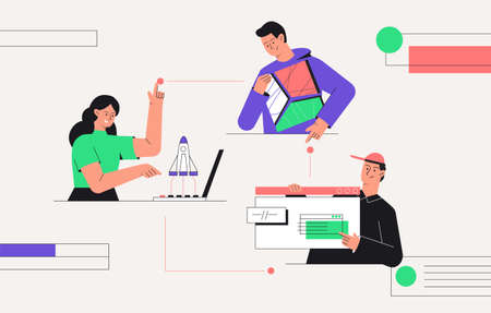 Business start up, teamwork, business concept. Business chain creation, rockets flying out of a laptop, man holding an abstract puzzle in his hands. Flat style vector illustration.のイラスト素材