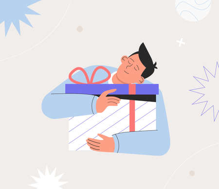 Happy young man holding gift box present. Concept discount shop sales. E-commerce and online shopping. Flat style vector illustration.のイラスト素材