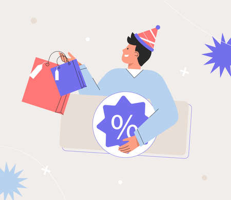 Man holding a lot of colorful bags. E-commerce and online shopping. Cashback Offer, Total Sale and Festive Discount Concept. Flat style vector.のイラスト素材