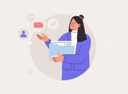 Personal productivity and task management. Business woman holds documents folder, icons set. Newsletter digital promotion, email marketing, time management.のイラスト素材