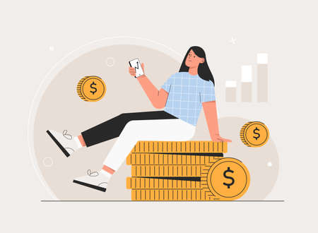 Business woman character sitting of golden coins check profit and hold phone with analytical service. Online investment with mobile phone concept. Investment, stock trading app isolated metaphor.のイラスト素材