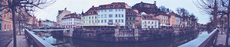 Panorama of Ljubljanica promenade in Ljubljana