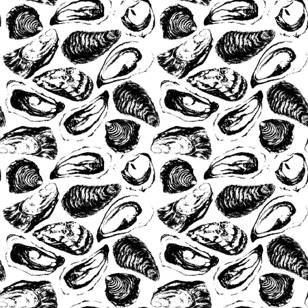 Watercolor black and white oysters seamless patternの写真素材