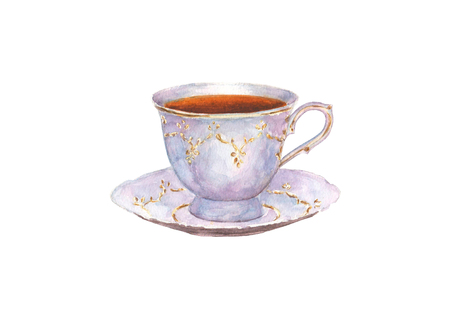Watercolor hand painted porcelain cup of tea and saucer isolated on white backgroundの写真素材