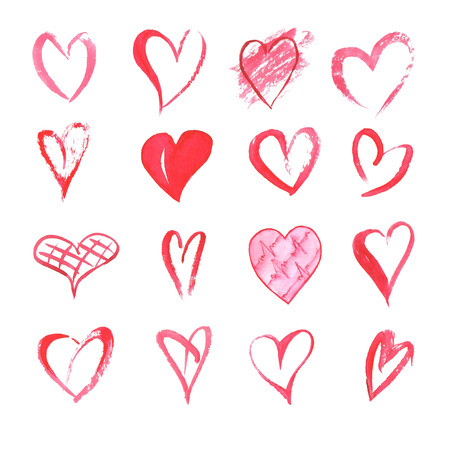 Set of watercolor hand drawn hearts on white background . Sketch style icons collection. Watercolor illustrationの写真素材