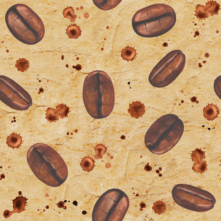 Seamless pattern with coffee beans and stains on old paper backgroundの写真素材