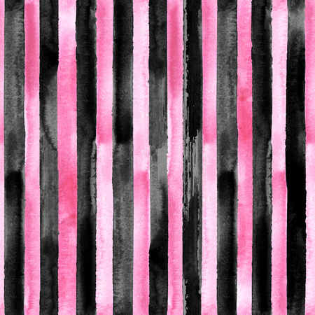 Watercolor hand drawn vertical seamless pattern with pink and black stripes. Fashion, bed linen, fabric and wrapping concepts.の写真素材