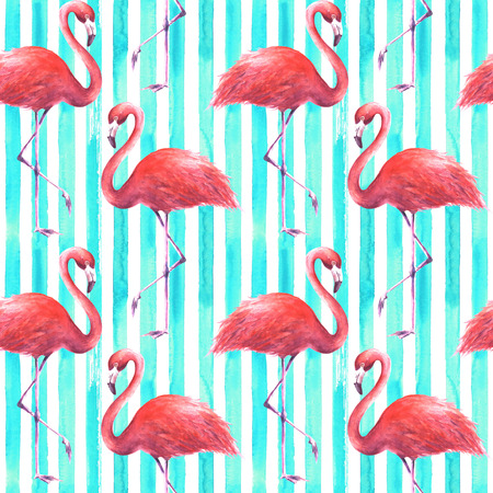 Tropical exotic pink flamingos on vertical striped teal and white background. Watercolor hand drawn illustration. Seamless pattern for wrapping, wallpaper, textile, fabric.の写真素材