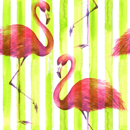 Tropical exotic pink flamingos on vertical striped lemon green and white background. Watercolor hand drawn illustration. Seamless pattern for wrapping, wallpaper, textile, fabric.の写真素材
