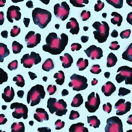 Leopard black pink teal blue fantasy abstract seamless background. Watercolor hand drawn animal fur skin texture  illustration. Seamless pattern for wrapping, wallpaper, textile, fabric.の写真素材