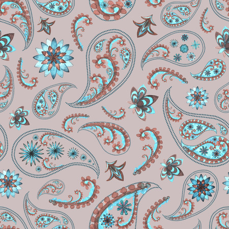 Paisley oriental floral abstract vintage seamless pattern. Watercolor hand drawn blue teal turquoise brown texture on beige background. Wallpaper, wrapping, textile, fabricの写真素材