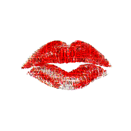 ICO concept words pattern on red lips. Initial coin offering concept texture on female lips, isolated on white backgroundの写真素材