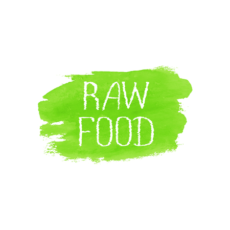 Raw food concept icon design template. Green watercolor hand drawn label emblem poster banner. Lettering Raw Food on green brush texture watercolor spot illustration isolated on white background.のイラスト素材