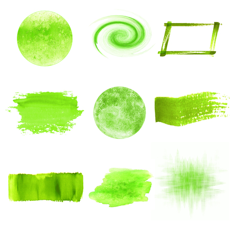 Green watercolor logo design template spots set. Green watercolour hand drawn sign label emblem poster banner stains.のイラスト素材