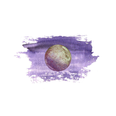 Abstract planet on watercolor deep purple spot isolated on white background. Watercolour hand drawn illustration. Mystery magic art work illustration. Abstract planet ball sphere round globe disk discの写真素材