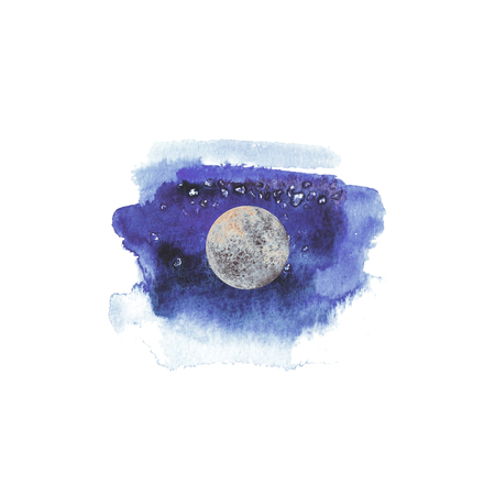 Full moon on watercolor deep purple spot isolated on white background. Watercolour hand drawn illustration. Satellite moon magic art work illustration. Abstract planet ballの写真素材