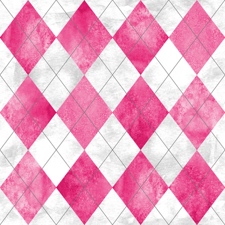 Argyle seamless plaid pattern. Watercolor hand drawn gray white pink texture background. Watercolour diamond shapes background. Print for cloth design, textile, fabric, wallpaper, wrapping, tile.の写真素材