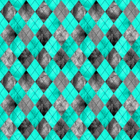 Argyle seamless plaid pattern. Watercolor hand drawn black gray teal texture background. Watercolour diamond shapes background. Print for cloth design, textile, fabric, wallpaper, wrapping, tile.の写真素材