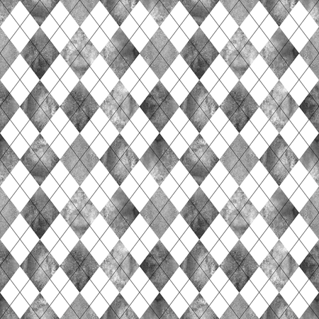 Argyle seamless plaid pattern. Watercolor hand drawn black gray white background. Watercolor diamond shapes background. Print for textile design, textile, fabric, wallpaper, wrapping, tile.の写真素材