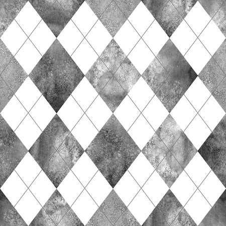 Argyle seamless plaid texture. Watercolor hand drawn black gray white pattern background. Watercolour diamond shapes background. Print for cloth design, textile, fabric, wallpaper, wrapping, tile.の写真素材