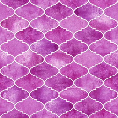 Vintage decorative moroccan seamless pattern. Watercolor hand drawn pink lilac violet endless texture background. Watercolour geometrical oriental elements. Print for textile, wallpaper, wrappingの写真素材