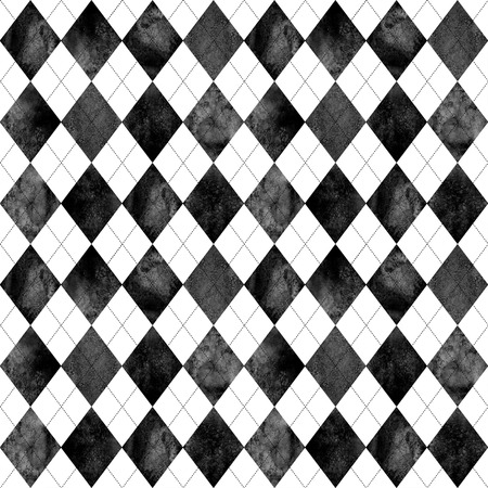 Watercolor black and white argyle seamless plaid pattern. Watercolour hand drawn texture background. Rhombus shapes background. Print for cloth design, textile, fabric, wallpaper, wrapping, tile.の写真素材