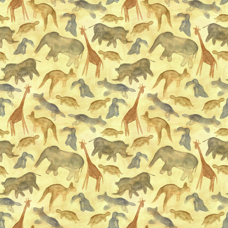 Watercolour animals abstract background. Seamless silhouette wildlife pattern. Black, brown, green, gray and yellow color. Watercolor hand drawn illustration. Sketch style.の写真素材
