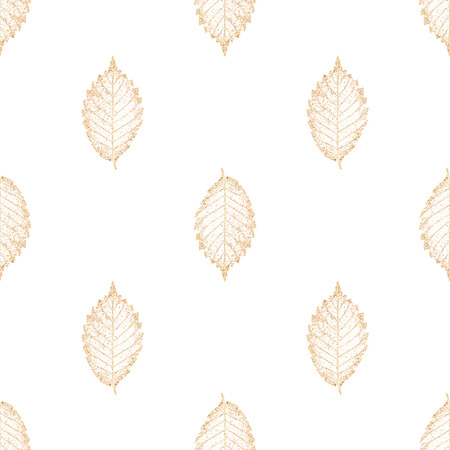 Autumn fairy abstract glitter transparent gold beech leaf skeletons seamless pattern. Luxury yellow golden leaves glittering ornament on white background. Print for textile, wallpaper, wrapping.の写真素材