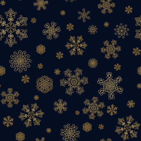 Winter dark blue hand drawn seamless pattern with gold beauty snowflakes. Luxury background with golden snow crystals. Happy New Year, Merry Christmas concept. Print for textile, wallpaper, wrapping.の写真素材