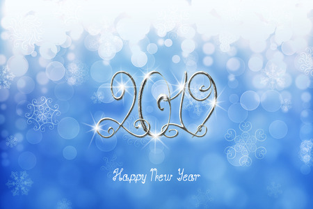 2019 Happy New Year banner illustration with silver numbers and lettering on winter falling snow...