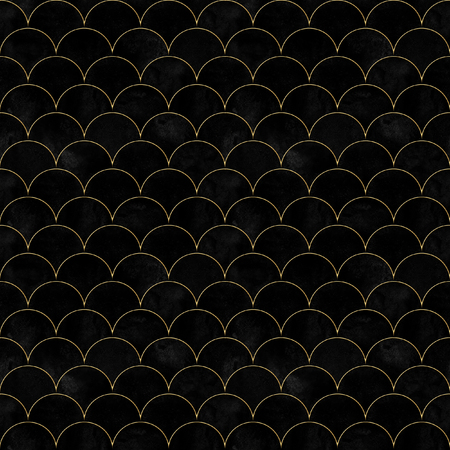 Mermaid fish scale black velvet wave japanese luxury seamless pattern. Watercolor hand drawn velour background with gold line. Watercolour scale shaped texture. Print for textile, wallpaper, wrapping.の写真素材