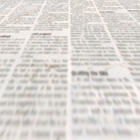 Newspaper with old unreadable text. Vintage blurred paper news texture square background. Textured page. Gray beige collage. Front top view.の写真素材