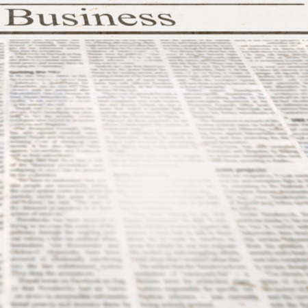 News newspaper with headline Business and old unreadable text. Vintage grunge blurred paper texture square background. Textured template page. Gray beige white collage. Space for text.の写真素材