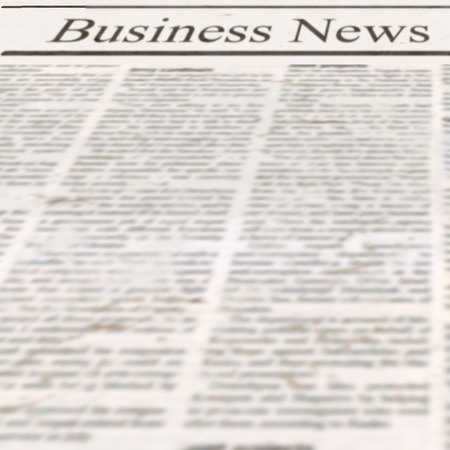 Newspaper with headline Business News and old unreadable text. Vintage grunge blurred paper texture square background. Textured template page. Gray beige white collage.の写真素材