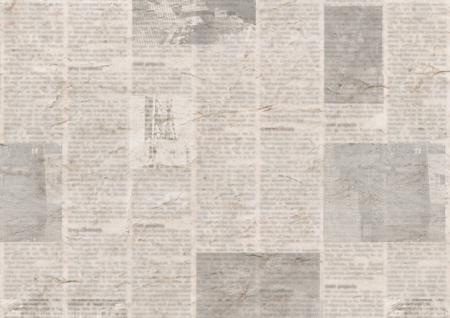 Newspaper with old unreadable text. Vintage grunge blurred paper news texture horizontal background. Textured page. Gray beige sepia collage. Front top view.の写真素材