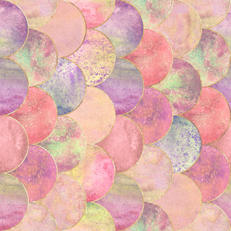 Mermaid fish scale wave japanese luxury seamless pattern. Watercolor hand drawn orange pink background with gold line. Watercolour scales shaped texture. Print for textile, wallpaper, wrapping.の写真素材
