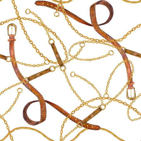 Golden chain, belt glamour seamless pattern. Watercolor hand drawn fashion texture with different golden chains and leather belts on white background. Print for textile, fabric, wallpaper, wrapping.の写真素材
