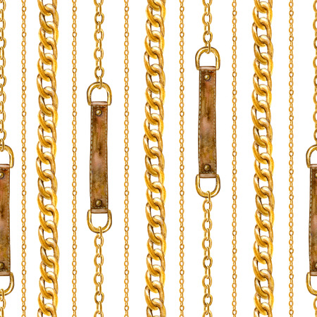 Golden chain, belt glamour seamless pattern. Watercolor hand drawn fashion texture with different...