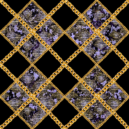 Golden chain glamour plaid snakeskin seamless pattern illustration. Watercolor hand drawn snake...