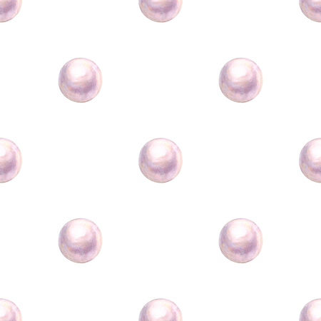 Pearl shiny natural sea nacreous seamless pattern isolated on white background. Watercolor hand drawn realistic iridescent illustration. Watercolour spherical beautiful 3d orbs gems. Jewelry gemstone.の写真素材
