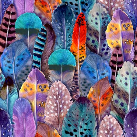 Watercolor feathers colorful abstract seamless pattern. Hand drawn watercolour bird feather vibrant boho style bright illustration. Print design for textile, fabric, t-shirt, wallpaper, wrapping paperの写真素材