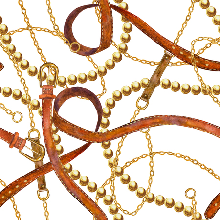 Golden chain, belt glamour seamless pattern. Watercolor hand drawn fashion texture with different golden chains and leather belts on white background. Print for textile, fabric, wallpaper, wrapping.の写真素材